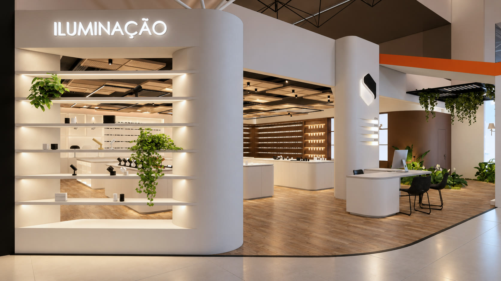Fachada do showroom com o letreiro Iluminação, nichos curvos iluminados com luminárias e plantas