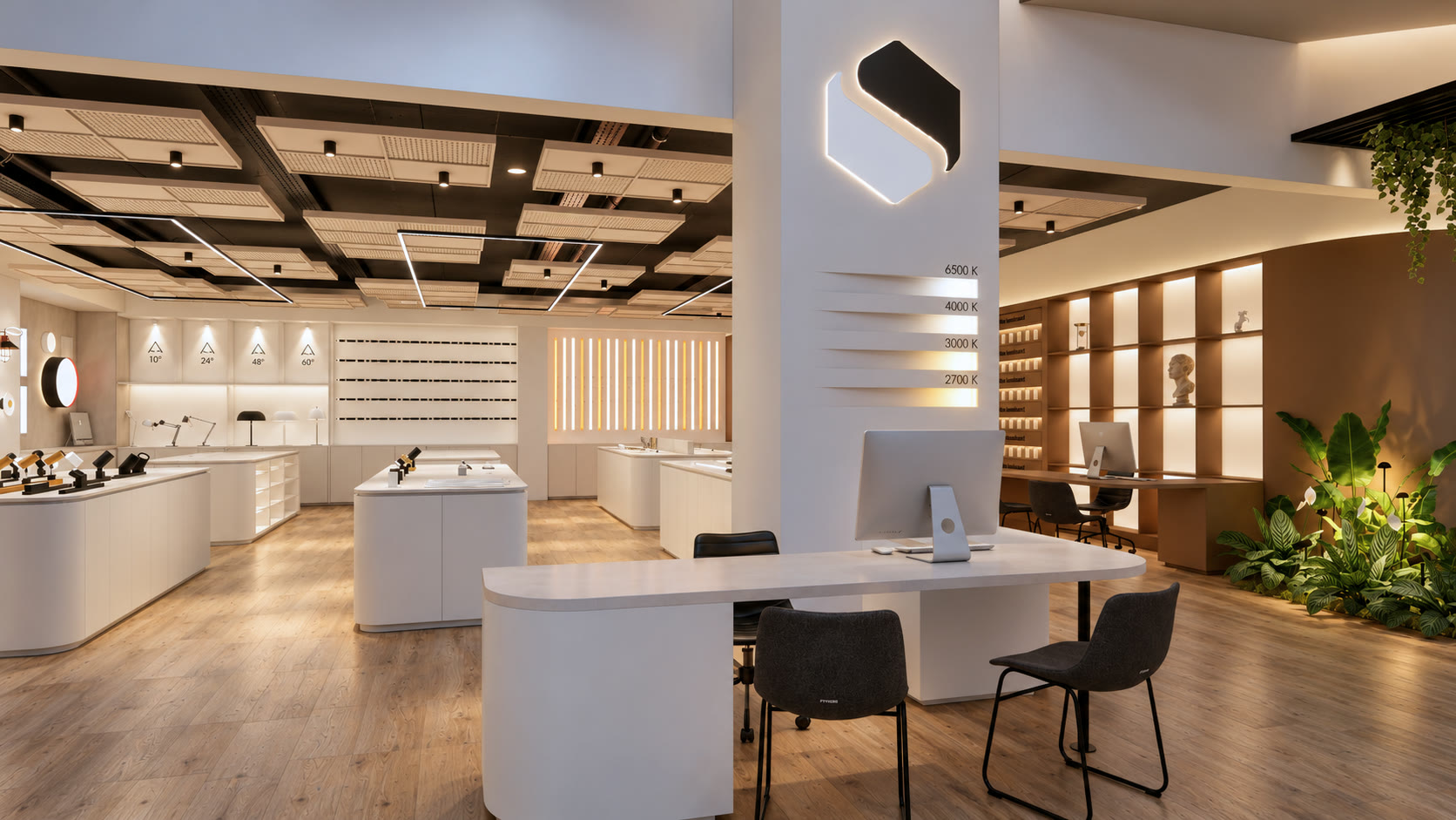 Projeto do novo showroom: totem com o símbolo Schirmann iluminado e escala de temperatura de cor, mesa de atendimento e ilhas com luminárias ao fundo